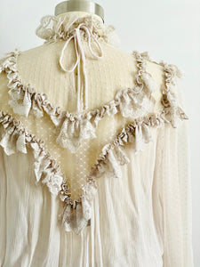 Vintage tulle lace ruffled victorian style blouse skirt two piece set