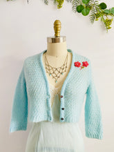 Load image into Gallery viewer, Pastel Blue Cropped Sweater w Embroidered Flowers Vintage Cardigan

