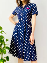 Load image into Gallery viewer, Vintage navy blue polka dots dress with ribbon bow

