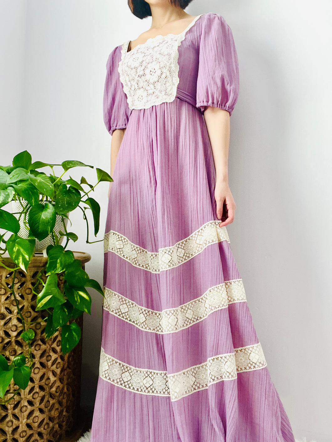 Vintage 1970s lilac color lace prairie dress