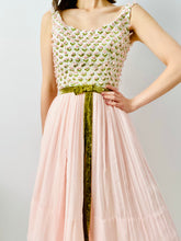 Load image into Gallery viewer, Vintage 1950s pink embroidered dress with velvet ribbon
