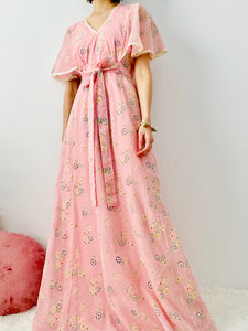 Vintage 1970s dotted pink floral maxi dress