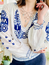 Load image into Gallery viewer, Vintage 1930s Hungarian top blue embroidered cotton peasant blouse
