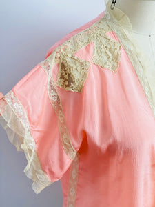 1920s Pink Silk Lace Bed Jacket with Ribbon Ties Lingerie Top
