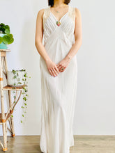 Load image into Gallery viewer, Full length of 1930s Pastel Blue Bias Cut Rayon Lingerie Gown with Ribbonwork Flowers On model
