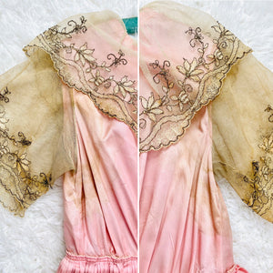 Antique 1910s Edwardian Pink Silk Dress with Lamé Lace