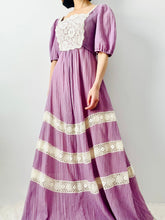 Load image into Gallery viewer, Vintage 1970s lilac color lace prairie dress
