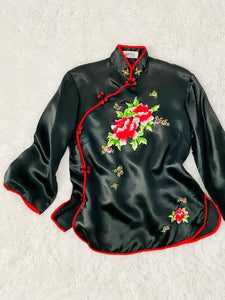 Vintage Chinese Silk Embroidered Rayon Top Peonies and Daisies