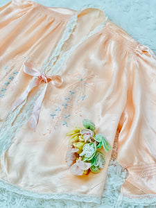 1920s Peach Color Satin Bed Jacket Embroidered Ribbon Vintage Lingerie