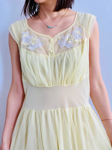 1960s Yellow sheer lingerie gown with embroidered flowers on model