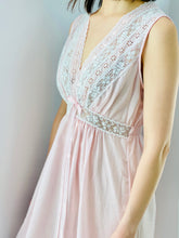Load image into Gallery viewer, vintage 1940s pink lingerie lace night gown on model
