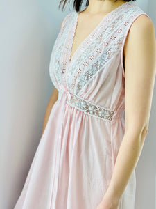 vintage 1940s pink lingerie lace night gown on model