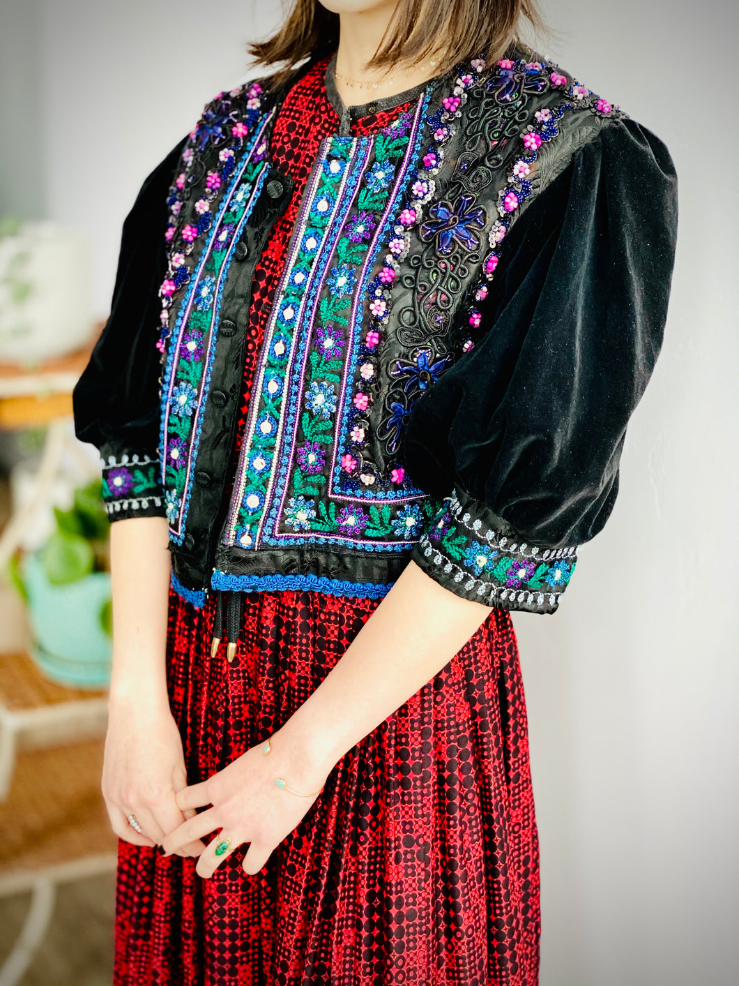 Vintage Colorful Beaded Embroidered Jacket with Velvet Balloon Sleeves