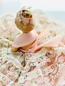 Vintage 1930s half doll pincushion with pink lace skirt