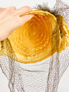 Vintage 1930s yellow millinery hat with veil