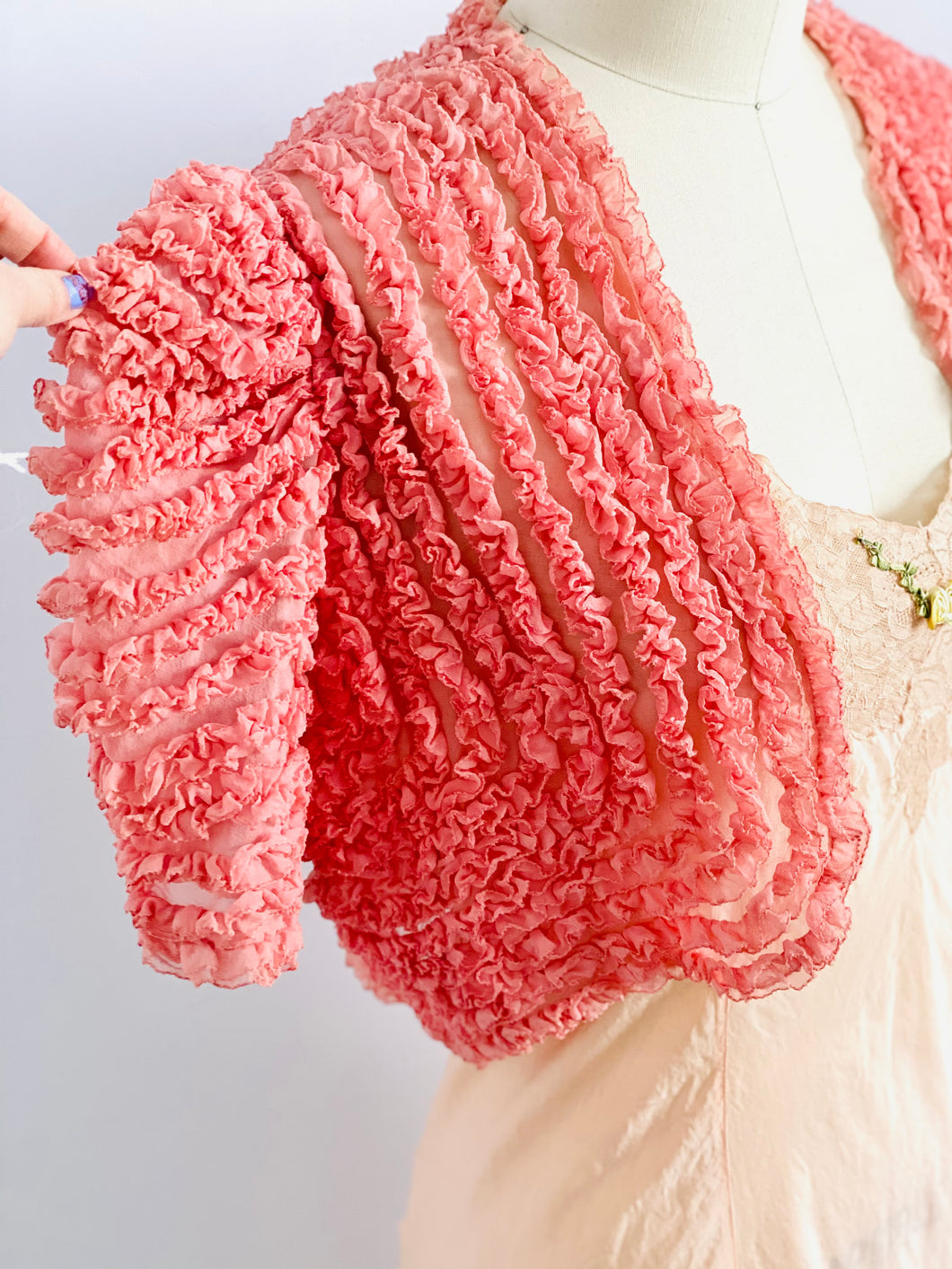 Vintage 1930s ruffled silk bolero in candy pink