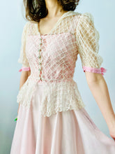 Load image into Gallery viewer, Vintage 1930s tulle lace mesh top w pink ribbon bows
