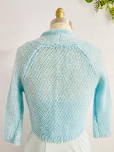 Load image into Gallery viewer, Pastel Blue Cropped Sweater w Embroidered Flowers Vintage Cardigan
