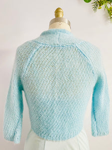 Pastel Blue Cropped Sweater w Embroidered Flowers Vintage Cardigan