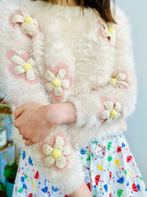 Load image into Gallery viewer, Vintage pastel pink fuzzy sweater with crochet daisies
