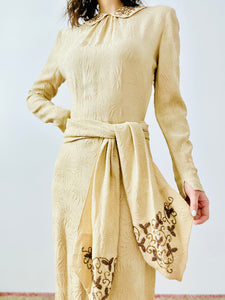 Vintage 1940s beige beaded crepe dress
