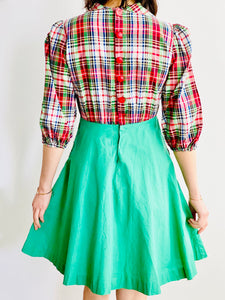 1930s Green Plaid Dress w Red Buttons and Pockets