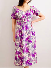 Load image into Gallery viewer, Vintage 1950s purple abstract floral dress with celluloid buckle
