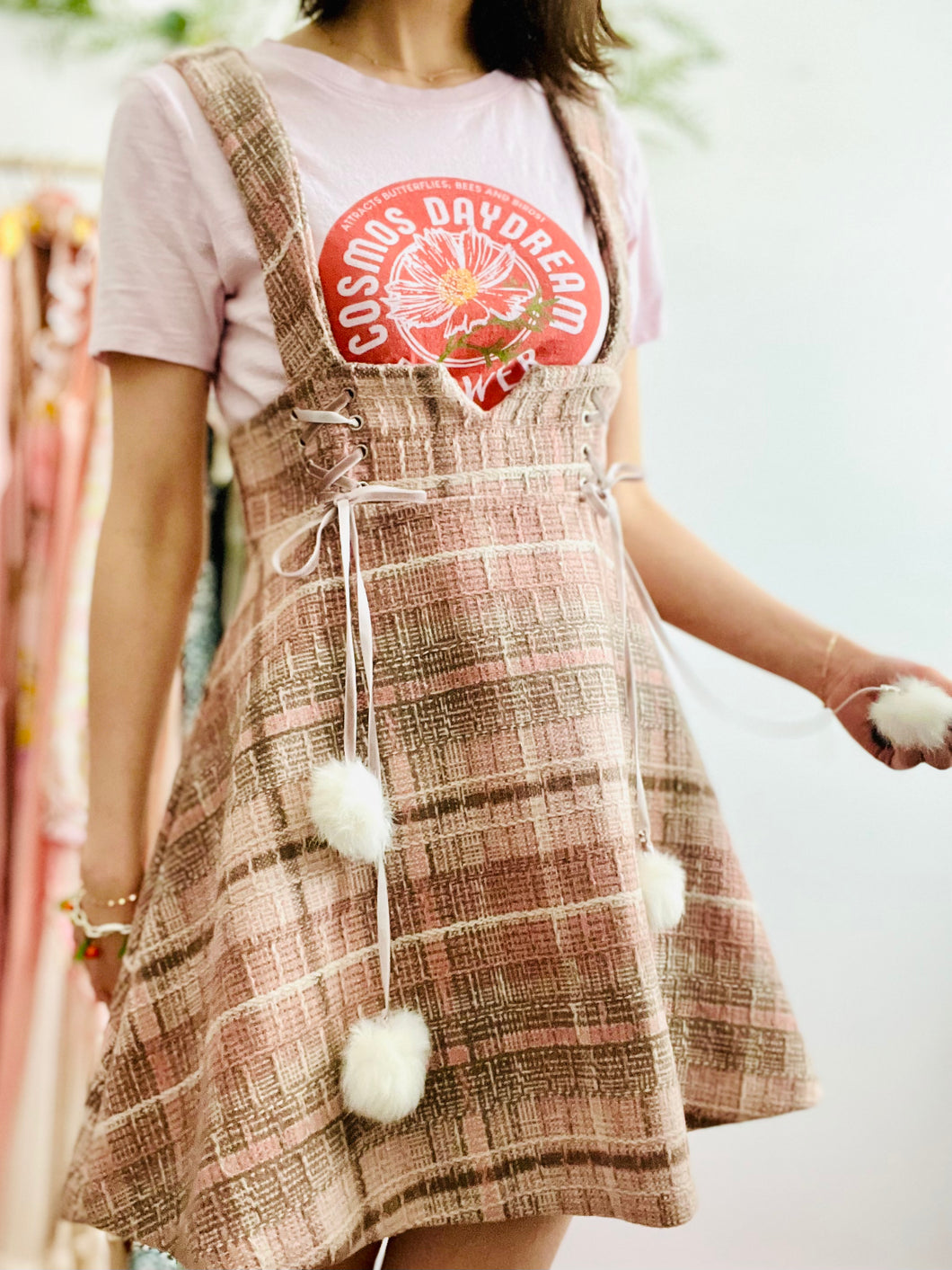 Vintage pink tweed pinafore dress w pom poms