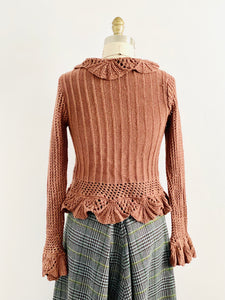 Vintage Caramel Color Crochet Cardigan with Scalloped Flounce