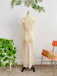 1930s Peach Color Bias Cut Lingerie Gown with Eyelet Lace Ribbon Bow