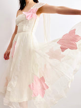 Load image into Gallery viewer, Vintage Late 1940s white organza dress with pink embroidered flowers
