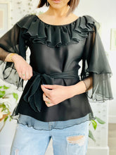 Load image into Gallery viewer, Vintage 1970s black blouse w flared sleeves
