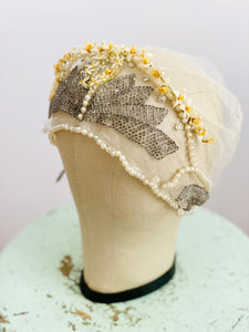 Antique 1920s bridal beaded headpiece with wax flowers