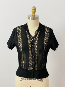 Vintage 1940s black lace top with fine pleates