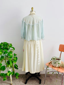 Back Details of a Vintage 1930s Pastel Blue Bed Jacket and Embroidered Skirt display on Mannequin