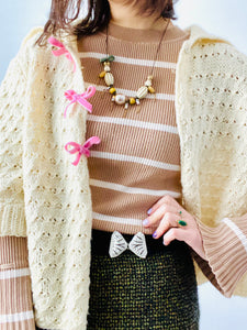 Vintage 1930s Sweater Beige Color w Velvet Ribbon Bows Vintage Cardigan