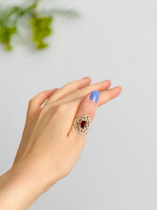 Vintage silver ring with emerald cut garnet Victorian style cocktail ring