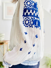 Load image into Gallery viewer, Vintage 1930s Hungarian top blue embroidered cotton peasant blouse
