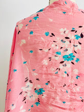Load image into Gallery viewer, detail of a vintage 1930s pink floral silk scarf display on mannequin
