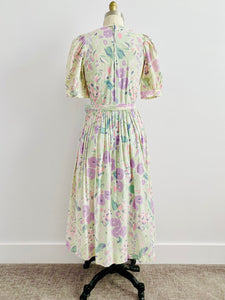 Vintage Floral Cotton Dress in Pastel Colors w Ribbon Bow