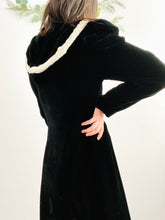 Load image into Gallery viewer, Vintage 1930s Black Fur Hooded Velvet Opera Coat Full Length
