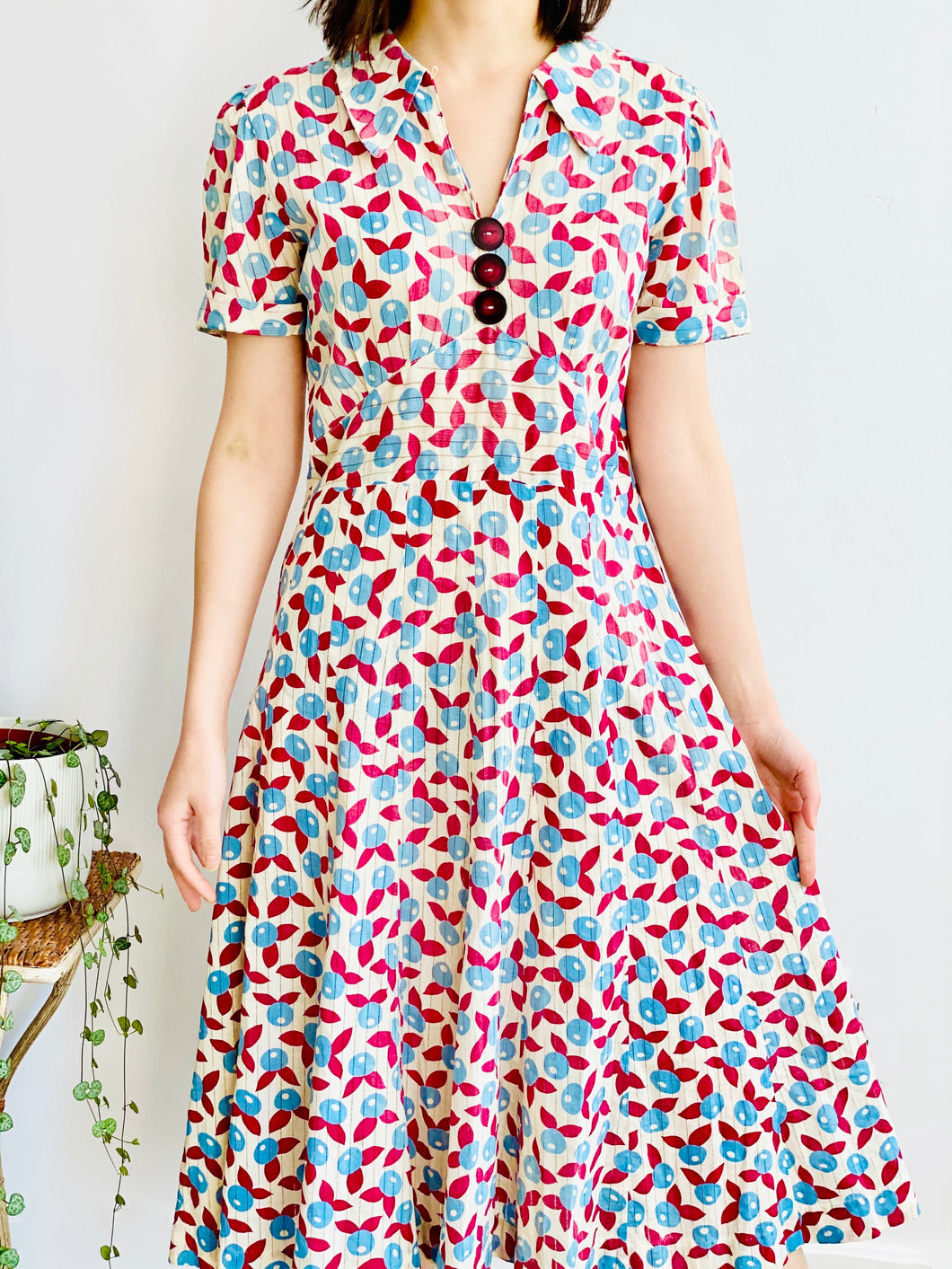 1930s Berry Print Novelty Print Dress w Celluloid Buttons