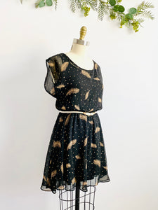 Black Polka Dots Novelty Feather Print Dress