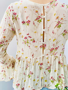 Vintage style floral print silk top with beaded sequins