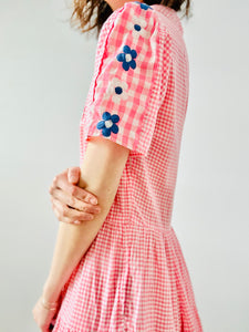 Vintage 1940s pink gingham embroidered dress