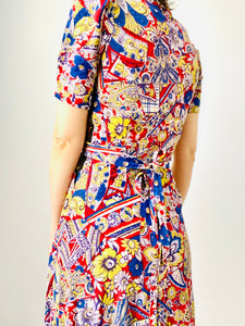 Vintage 1930s rayon jersey floral dress structured shoulders waist ties