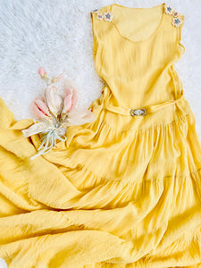 1920s Yellow Silk Flapper Dress w Art Deco Buckle Beaded Flowers