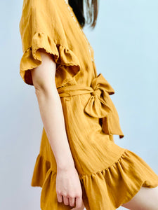 Mustard color ruffled mini dress w ribbon bow