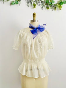 Vintage white Hungarian peasant top with embroidery and smocking
