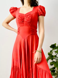 Vintage 1930s coral color ruched silk dress with puff sleeves